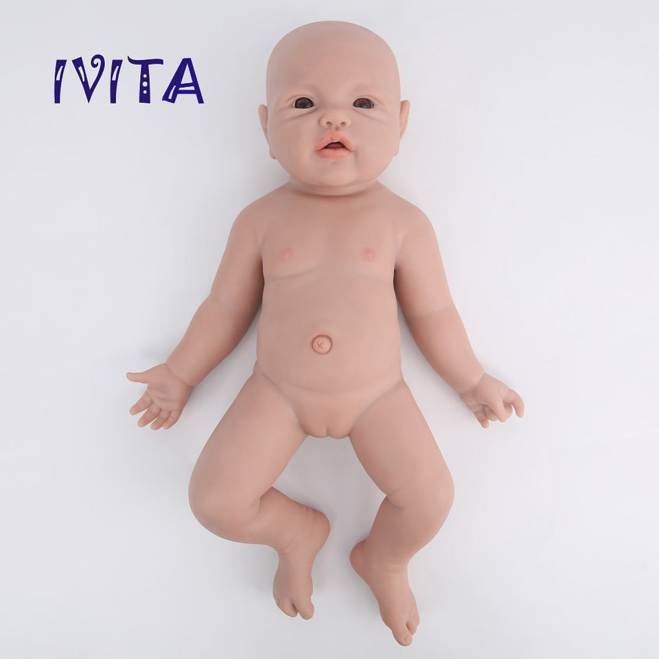 1526 IVITA 17'' Squishy Silicone Reborn Baby Blue Eyes Boy And Girl Mouth Open Can Take Dummy