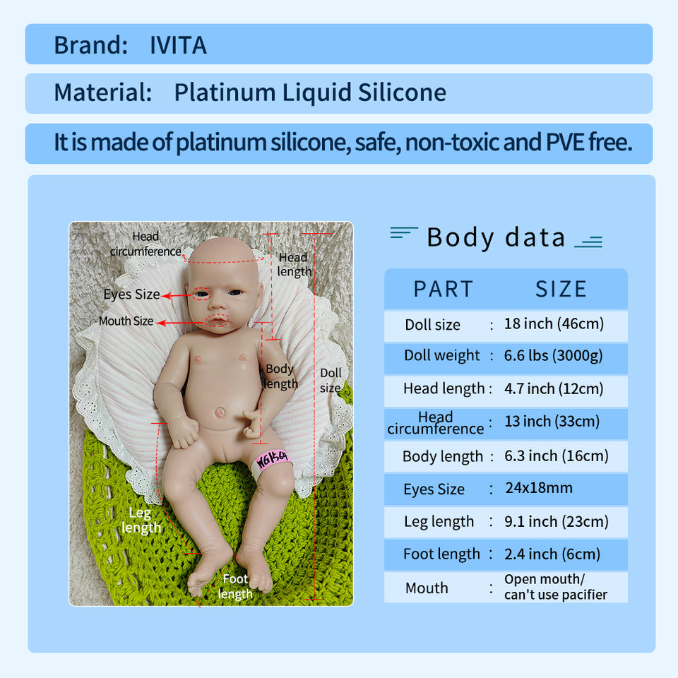 1564 IVITA 18'' Solid Silicone Reborn Baby Floppy Platinum Silicone Newborn Doll Kids Xmas Gift