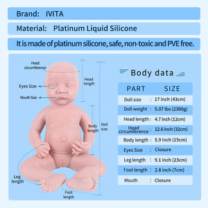 1548 IVITA 17'' Sleeping Silicone Reborn Baby Eye Closed Platium Liquid Silicone Doll Kids Xmas Gift