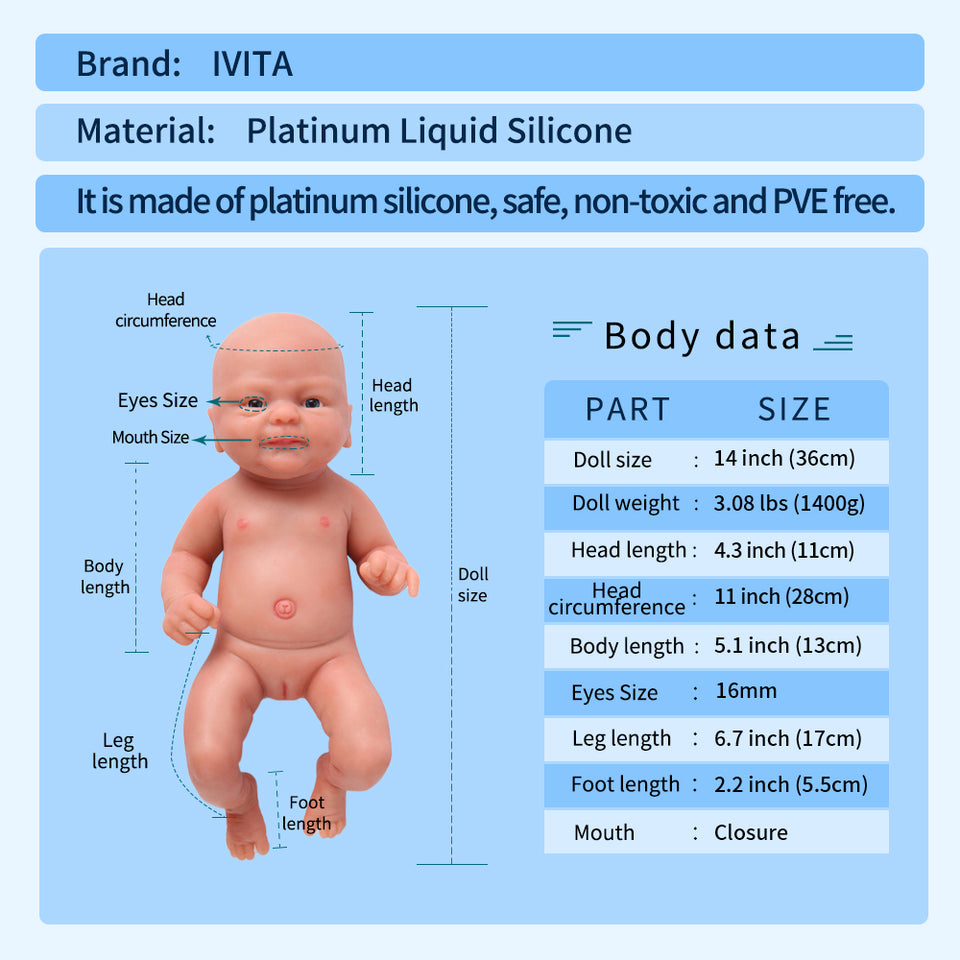 1512 IVITA 14'' Alive Silicone Reborn Baby Boy and Gril Preemie Silicone Doll