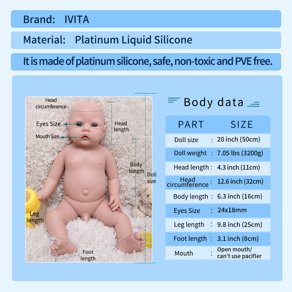 1521 IVITA 20'' Full Body Silicone Reborn Baby Boy and Girl Lifelike Floppy Silicone Doll