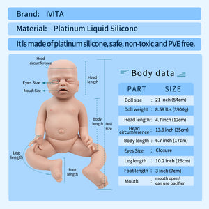 1530 IVITA 21'' Artificial Silicone Doll Eyes Closed Reborn Baby Boy and Girl Mouth Open 100% Silicone Doll