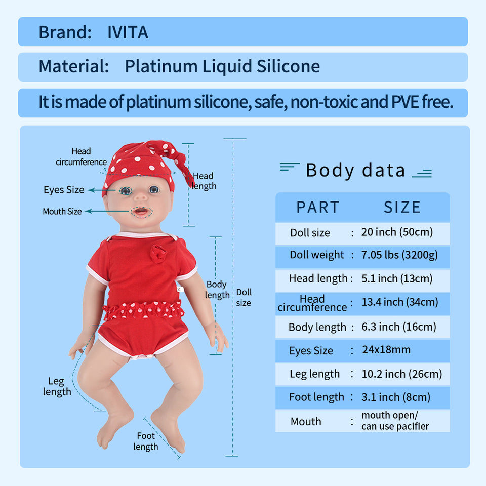 1552 IVITA 20'' Soft Silicone Reborn Baby Bald Silicone Newborn Doll Can Take Pacifier