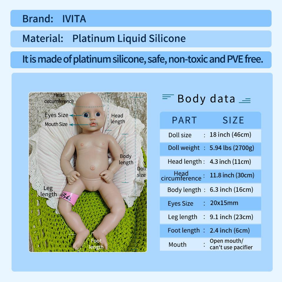 1562 IVITA 18'' Lifelike Silicone Reborn Baby Squishy Silicone Newborn Doll Kids Xmas Gift