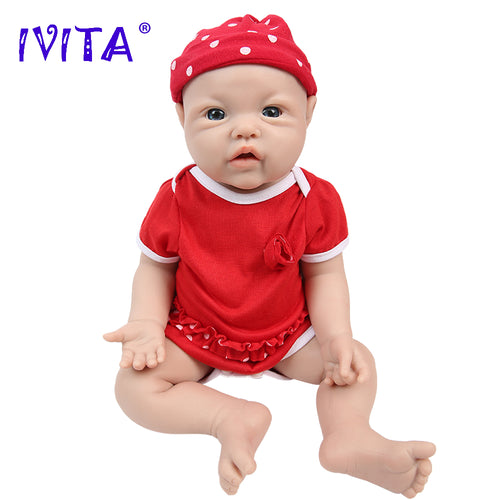 1526 IVITA 17'' Squishy Silicone Reborn Baby Blue Eyes Boy And Girl Mouth Open Can Take Dummy